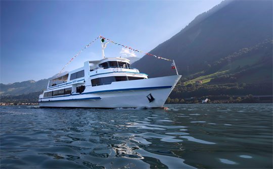 Motorschiff Rigi fahrend auf dem See mit Seeufer im Hintergrund