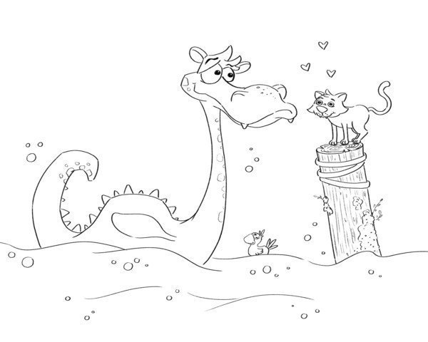 Colouring picture of sea dragon in water with cat on post