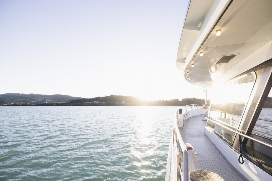 View from the ship's railing at sunset