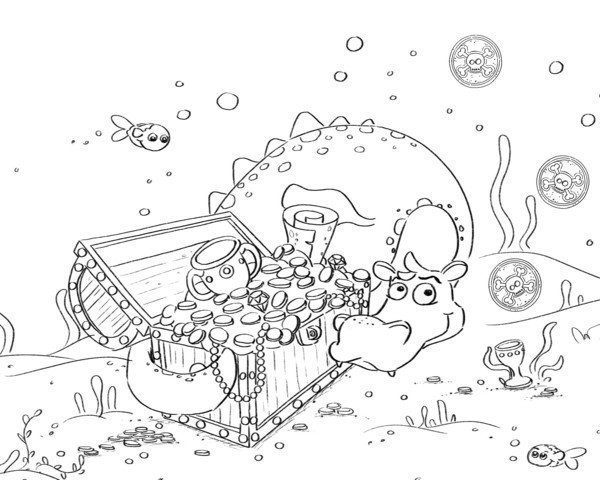 Colouring picture of sea dragon under water with coins