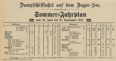 Alter Zugersee Fahrplan aus dem Jahr 1897