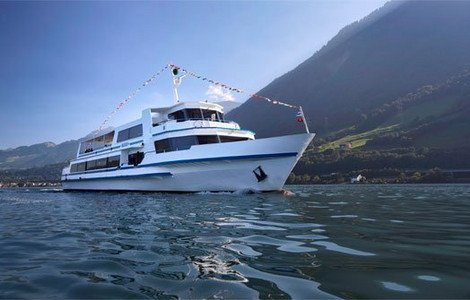 Motorschiff Rigi fahrend auf dem See mit Seeufer im Hintergrund